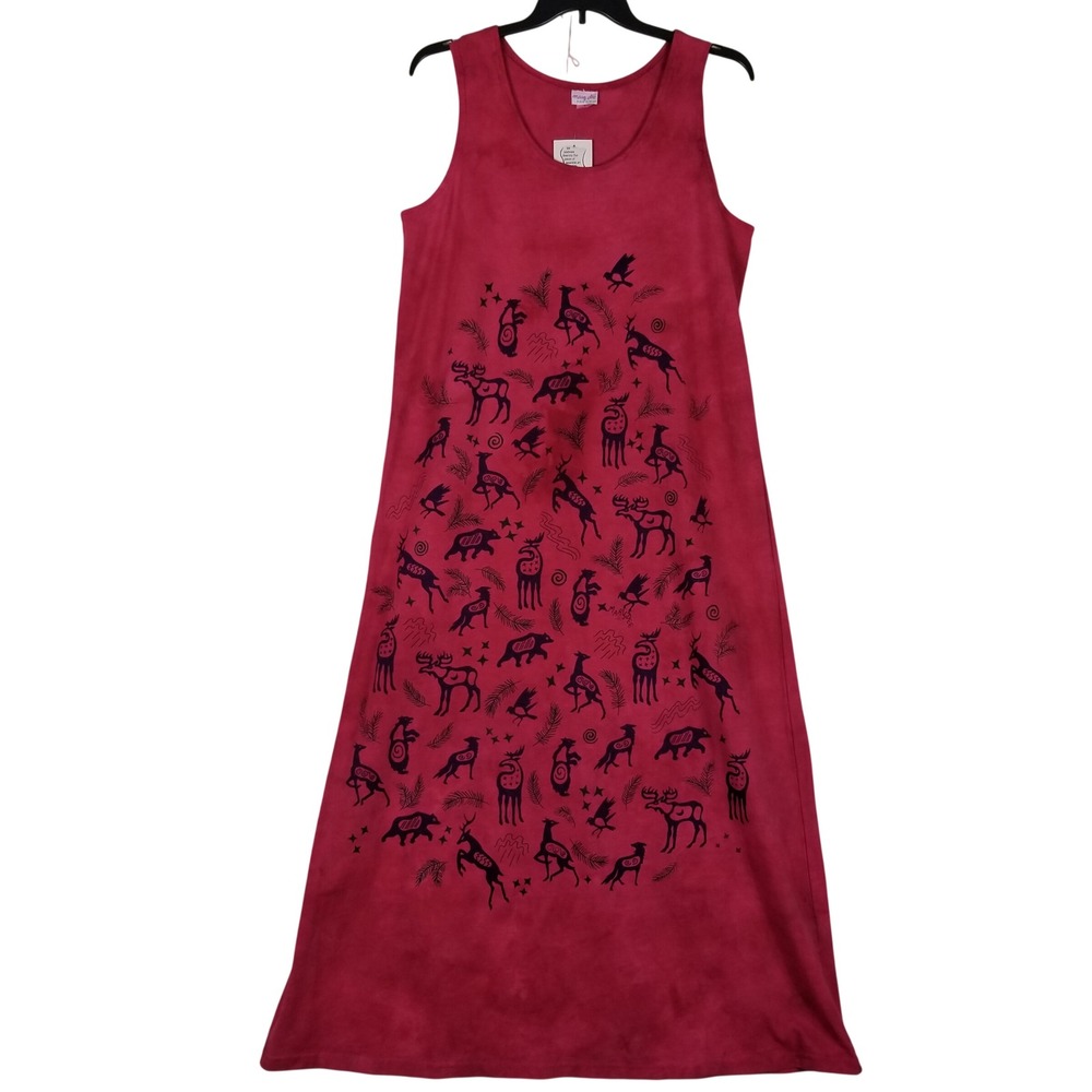Mary Dee Maxi Dress Women L Red Hand Dyed Tribal Animal Art Cotton Sleeveless